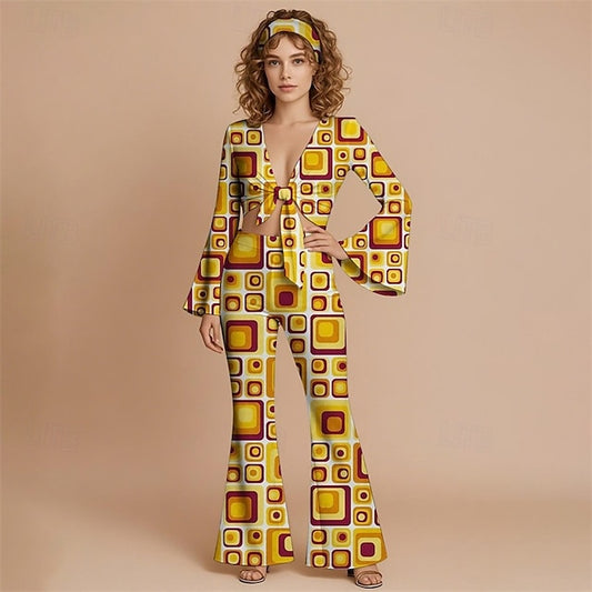 Retro Vintage 1970s Groovy Tie Front Flared Pants Set Hippie