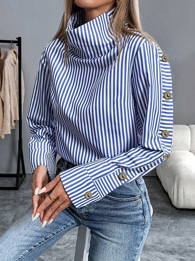 Women's Shirt Blouse Buttons Striped Stylish Long Sleeve