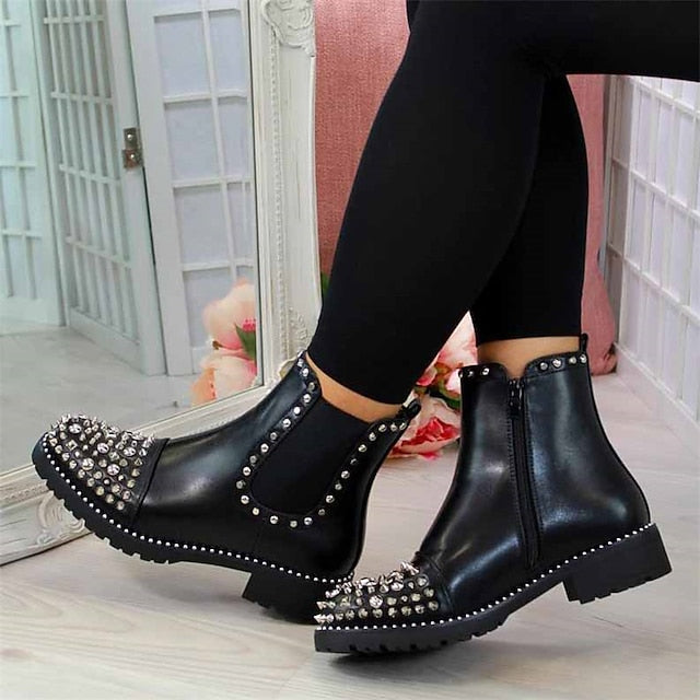 – for Studded Women Black Chunky Chelsea Boots Ankle Sole