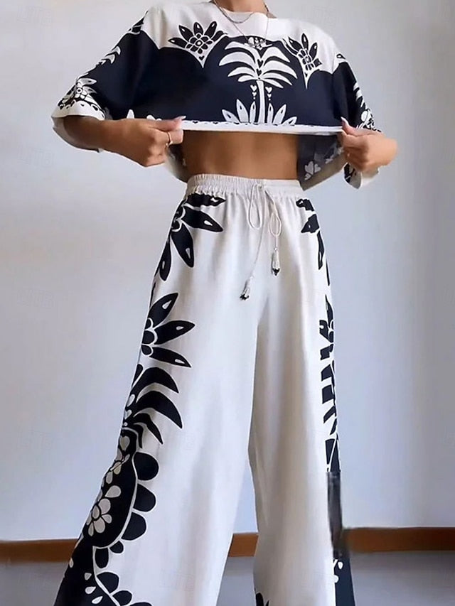 Women's Blouse Wide Leg Pants 3/4 Length Sleeve Crew Neck