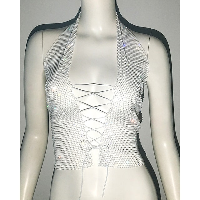 Metallic Sparkle Sexy Crop Tank Top Sheer Mesh Rhinestone Cover
