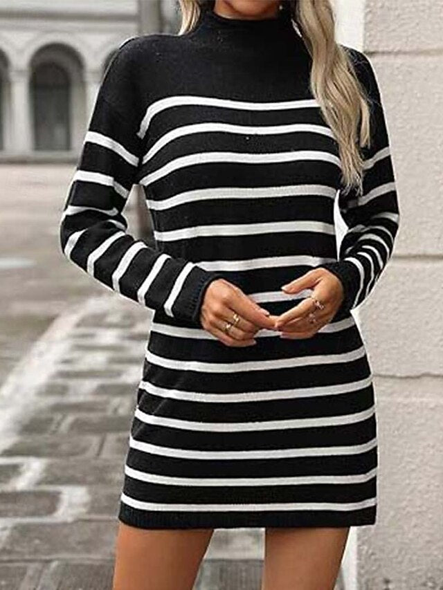 Women's Sweater Dress Casual Striped Mock Neck Print Long