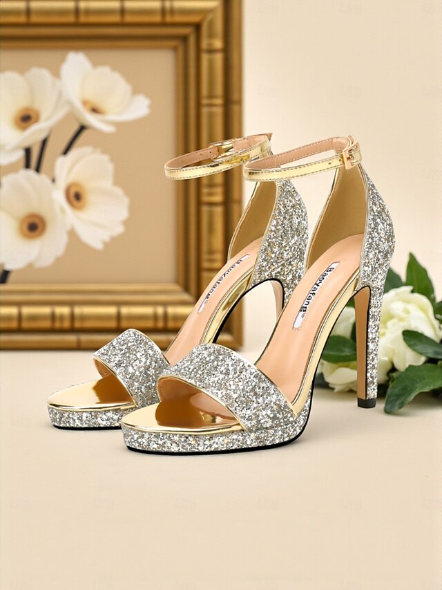 Sandals Silver Glitter Ankle Heel Women's Strap High with