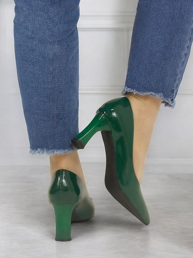 Pointed-Toe Heel Block Leather Patent Pumps Green Faux Glossy