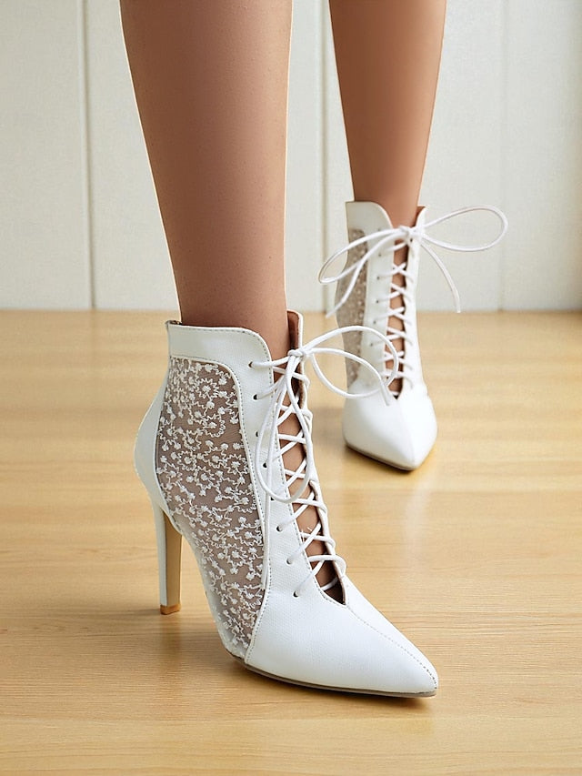 Women's White Stiletto Lace Heels Ankle Booties Mesh with