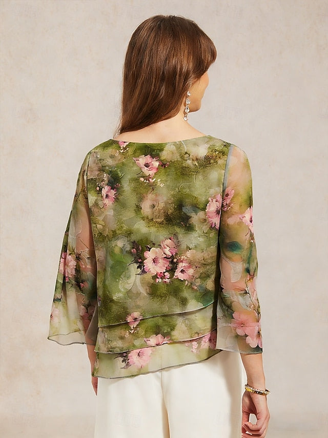 Women's Sheer Blouse Chiffon Tops Lace up Floral Elegant