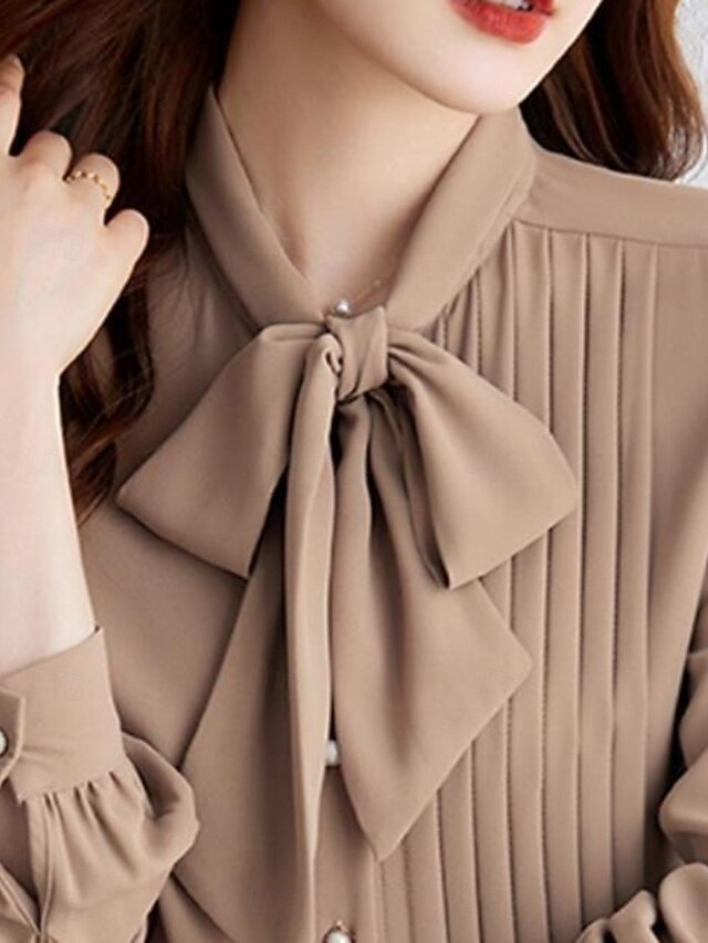 Women's Shirt Blouse Chiffon Tops Pleated Buttons Plain