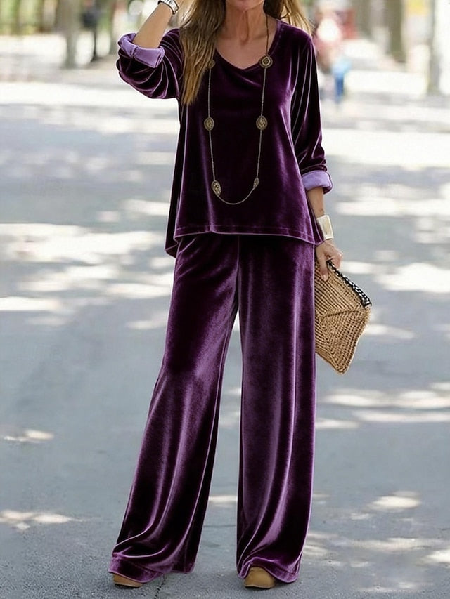 Women's Pants Sets Long Sleeve V Neck Solid Color Fashion