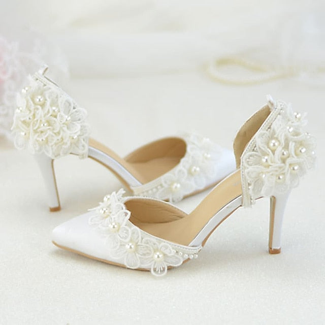 with Women's Platform Heels Floral Lace Wedding White