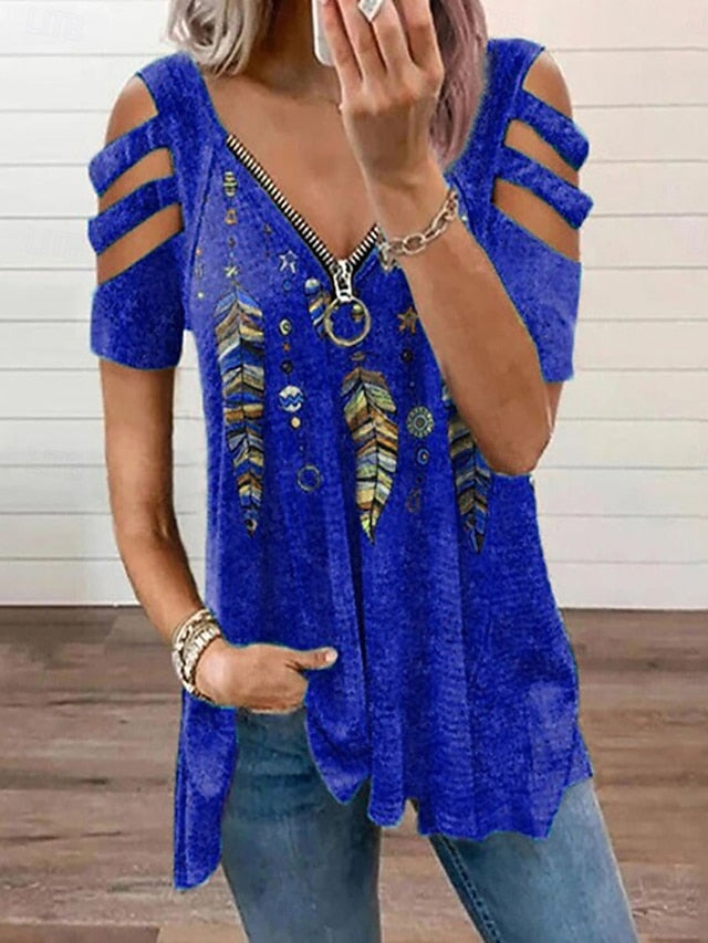 Women's Boho Shirt Blouse Patchwork Zipper Print Graphic