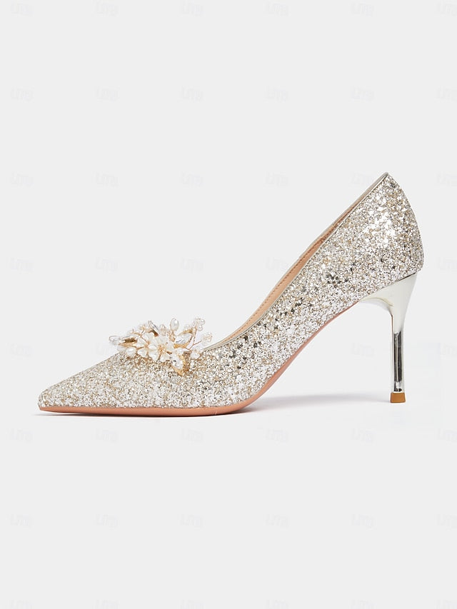 with Silver Heels Women's Stiletto Floral Glitter