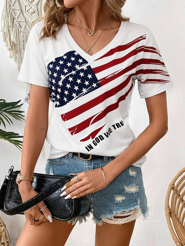 Independence Day Patriotic Women's T Shirt Casual Flag Red