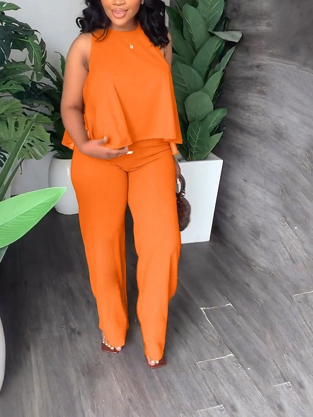 Women's Camis Pants Trousers Sleeveless Round Neck Solid