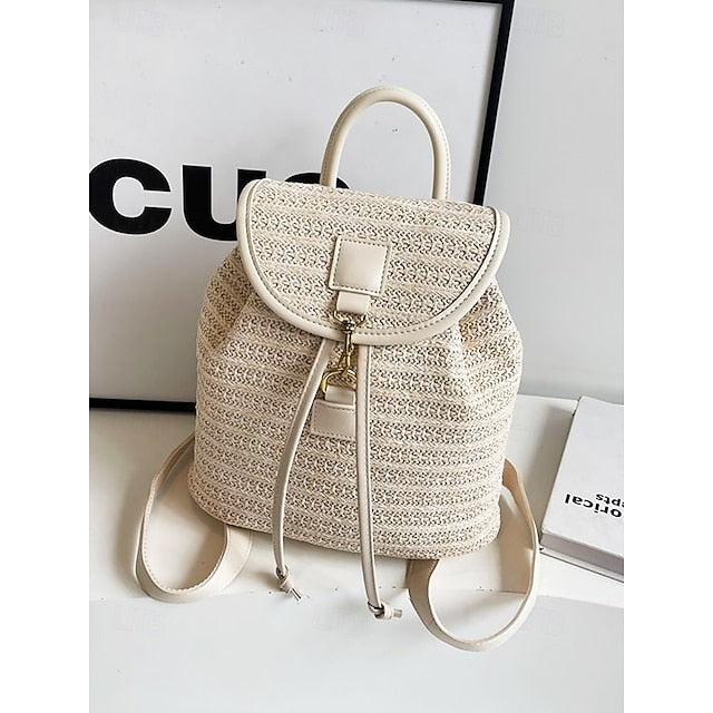 – Women Woven Boho Bag with Rattan for Travel Straw Backpack