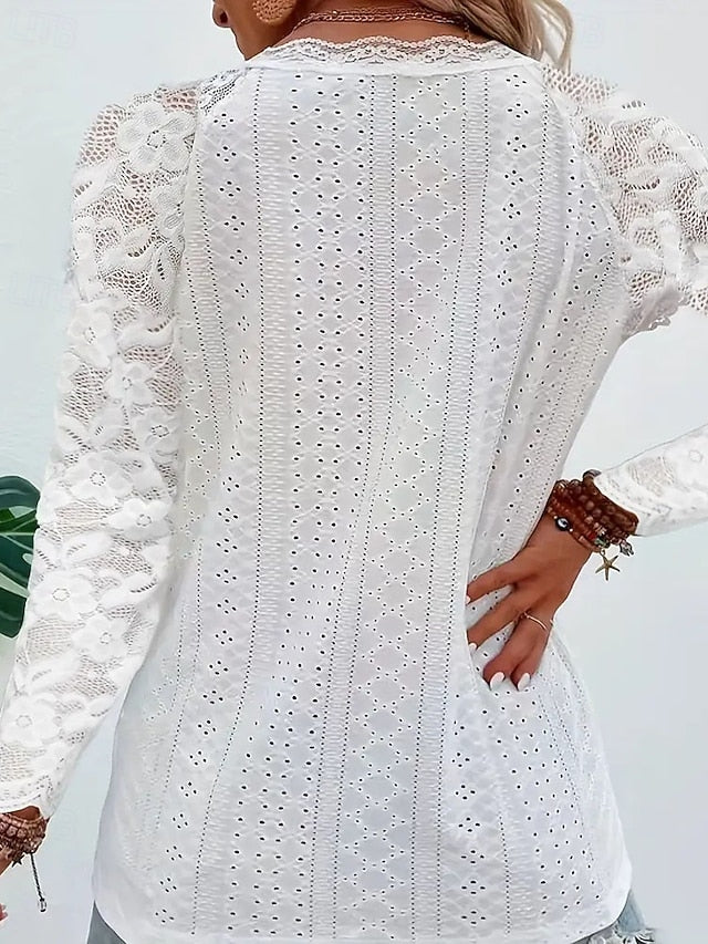 Women's Lace Splicing Top Blouse Ruched Lace Patchwork