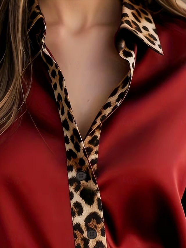 Women's Satin Shirt Dress Shirt Blouse Patchwork Buttons