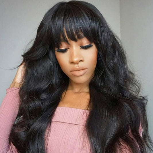Body Wave Wigs with Bangs Human Hair  Wavy Full Machine Made