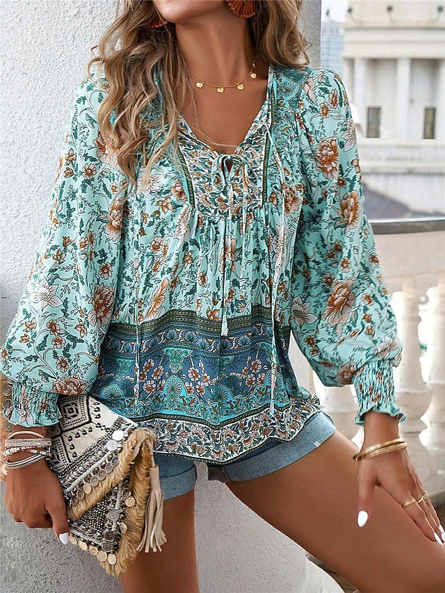 Women's Shirt Blouse Casual Boho Floral Lace up Print Long
