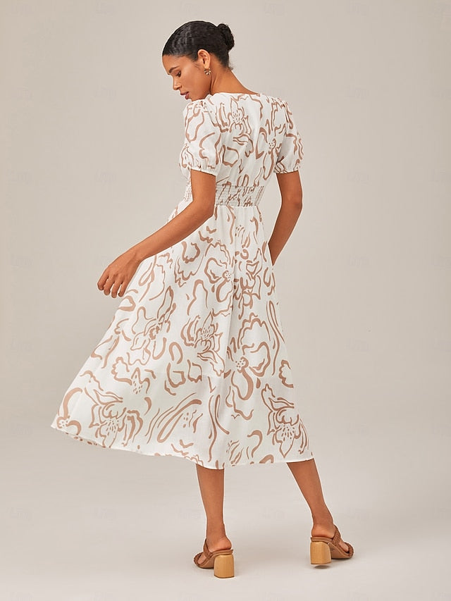 Abstract art print Linen-Like Fabric Waist-Cinching Maxi Dress