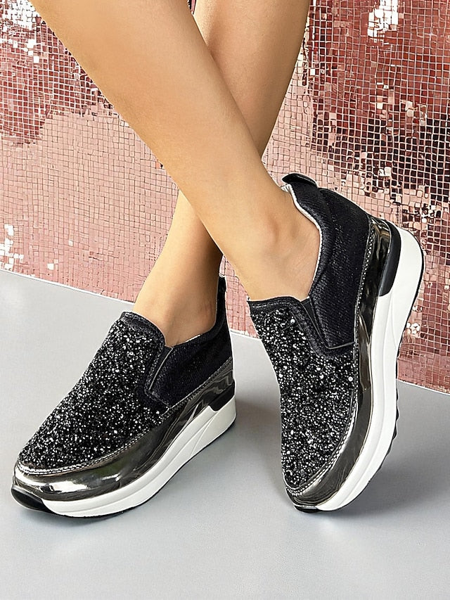 Women's Black Metallic Sneakers with Glitter Slip-On