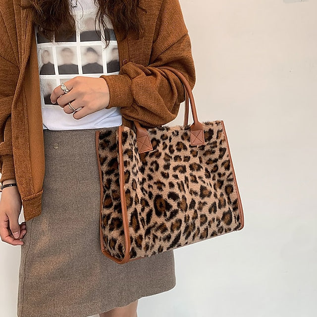 Brown Bag Leather Fur with Women's Print Faux Tote Leopard