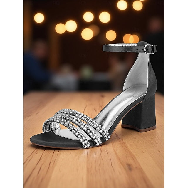 Heel Rhinestone Purple Women's Sandals with Block Satin