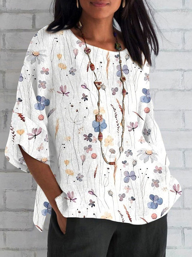 Women's Shirt Faux Cotton Linen Print Floral Daily Casual