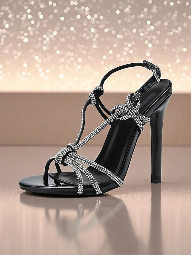 Square Stiletto Strappy Women's Rhinestone Heels with Toe