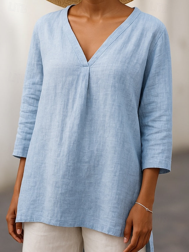 Women's T Shirt Solid Color Casual 3/4 Length Sleeve V Neck