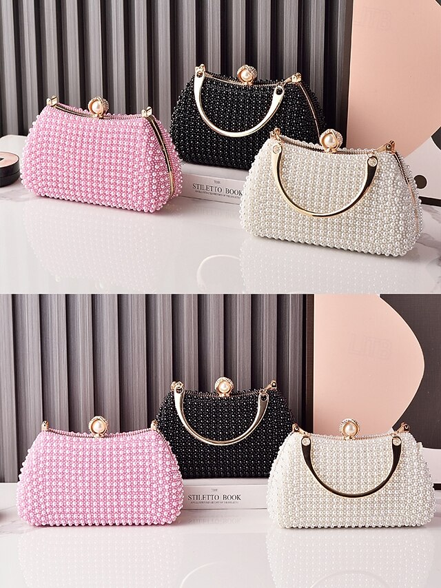 Evening Handle Bag Clutch Beaded Pearl with Gold Women's