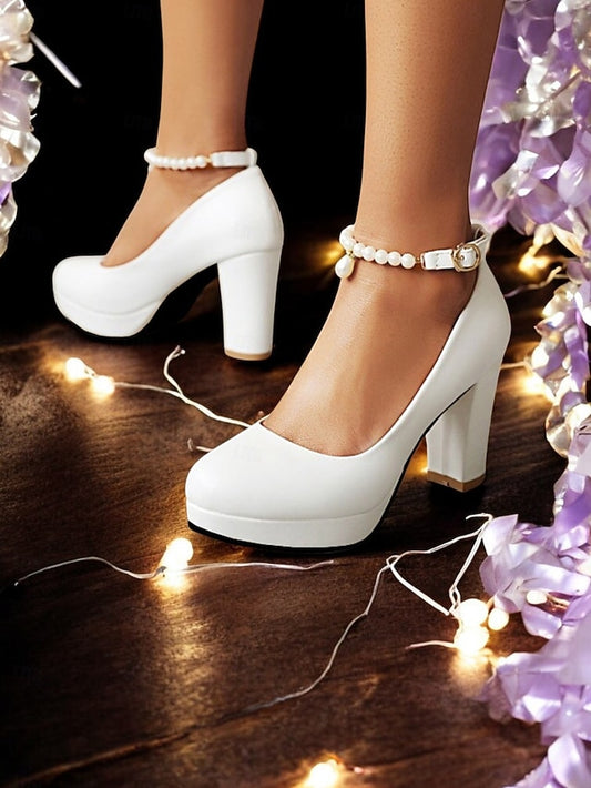 with Pumps Pearl Women's Heel Strap High – Ankle White