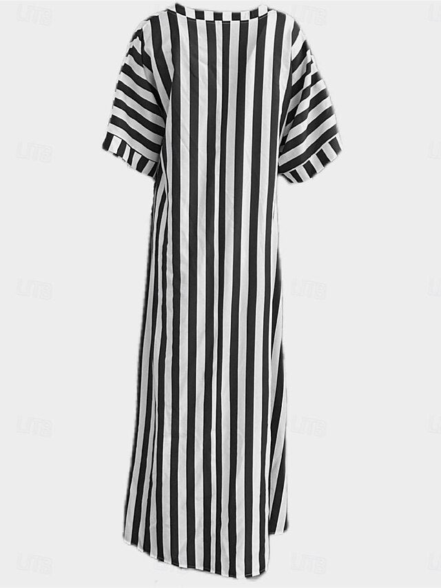 Women's Casual Dress Stripe Button Print Shirt Collar Long