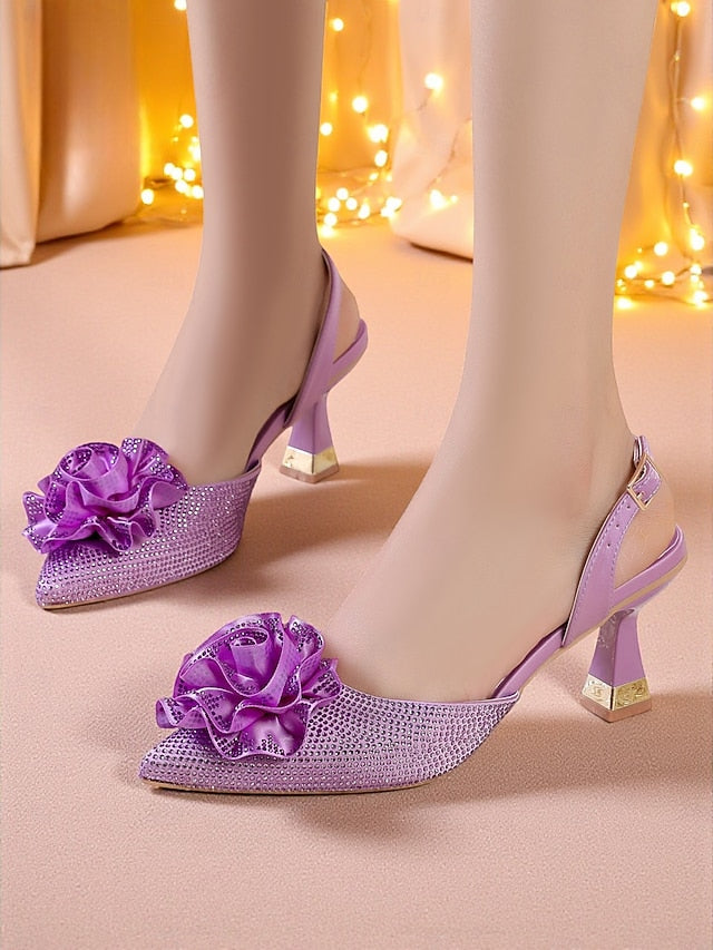 with Rhinestone Women's Purple Floral Heels Slingback