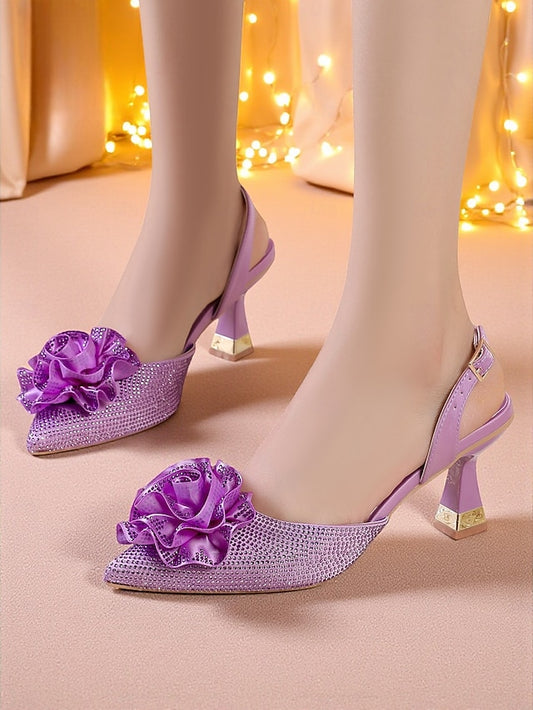 with Rhinestone Women's Purple Floral Heels Slingback