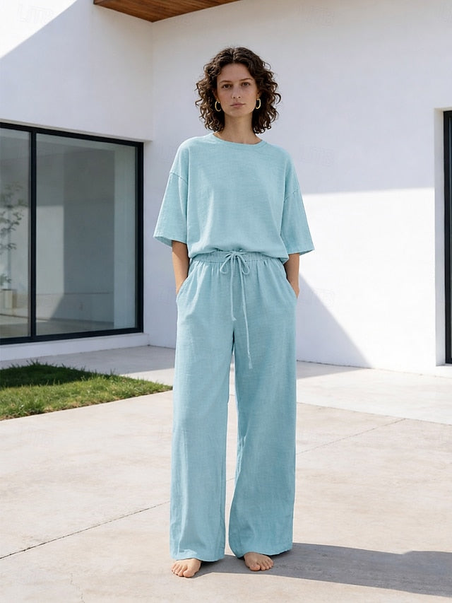 15% Linen Women's Pants Sets Linen Sets Basic Pure Color