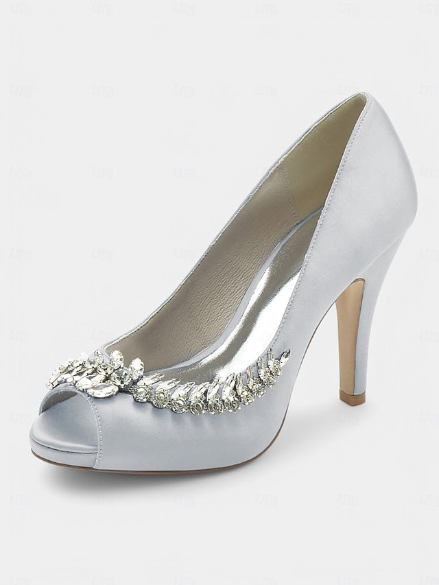 Blue Embellishment Heels Luxury with Crystal Peep-Toe – Satin