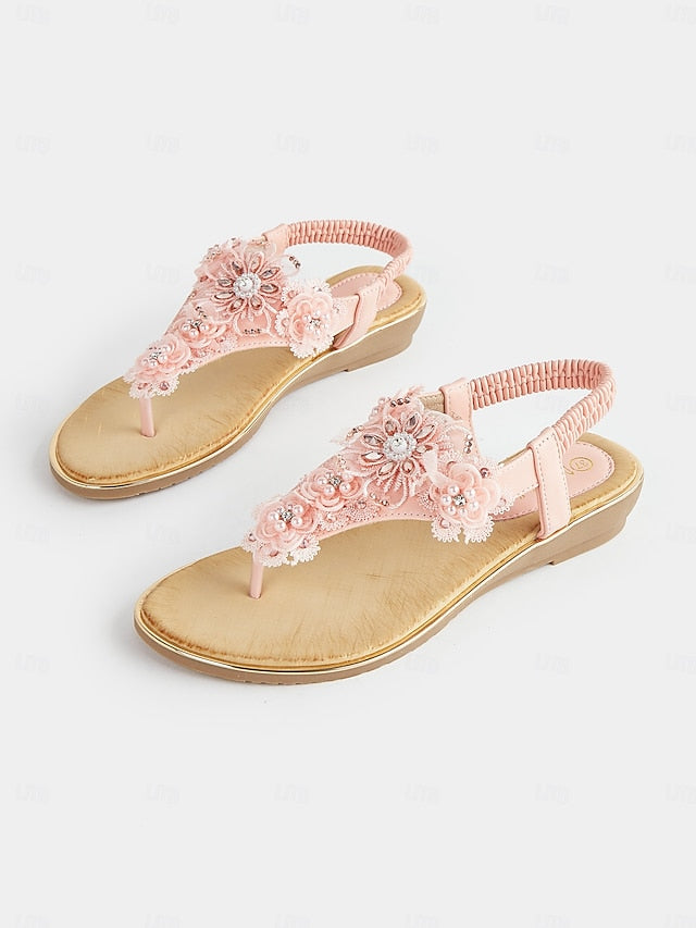 Women's Embellished T-Strap Sandals Floral Pink – Lace