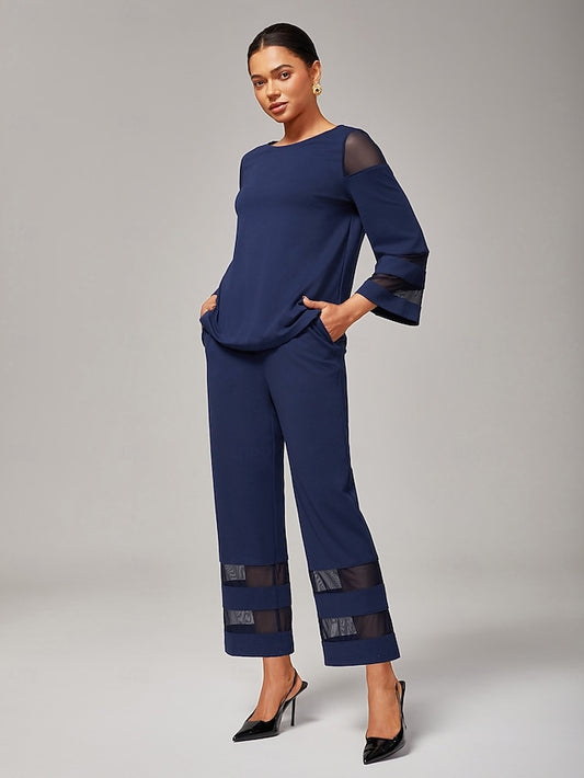 Women's Navy Blue Modal Chiffon Matching Set Fitted Blouse