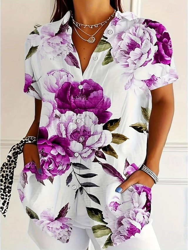 Women's Shirt Long Sleeve Button Down Blouse Floral Graphic
