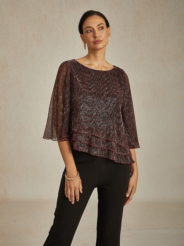 Women's Blouse Chiffon Tops Lace Tops Ruched Glitter Solid