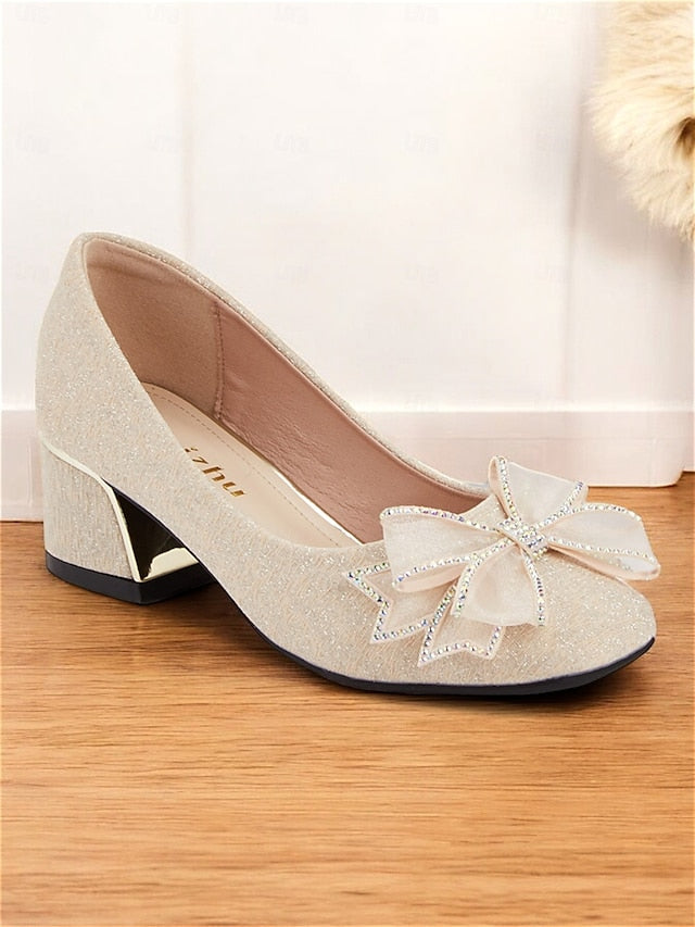 Bow Decoration - Glitter with Block Heel Pumps Gold Women's
