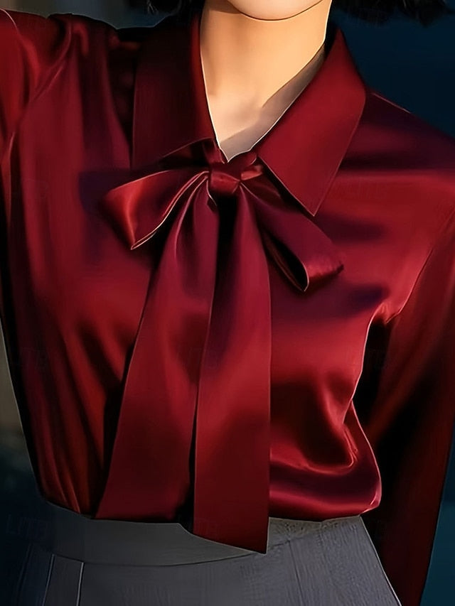 Women's Elegant Satin Top Blouse Dressy Tops Ruched Tie