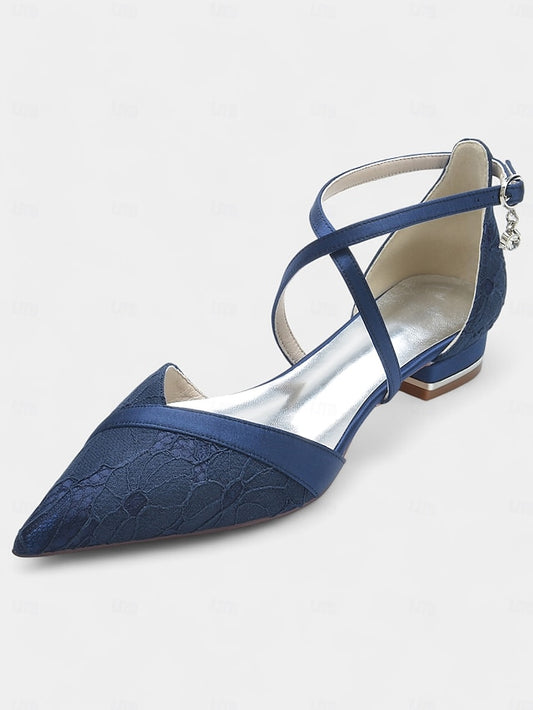 Cross-Strap with Satin Shoes Heel Navy for Blue Low Overlay Lace