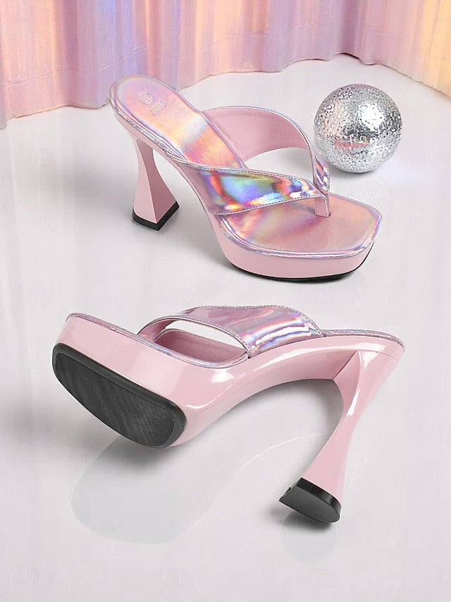 Open-Toe Pink with Chunky Iridescent Block Women's Heels