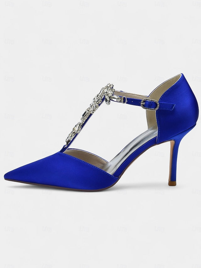 Satin T-Strap Heels – Navy Women's Toe Pointed Blue