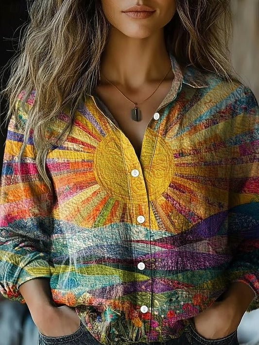 Women's Shirt Faux Cotton Linen Buttons Print Sun Bohemia