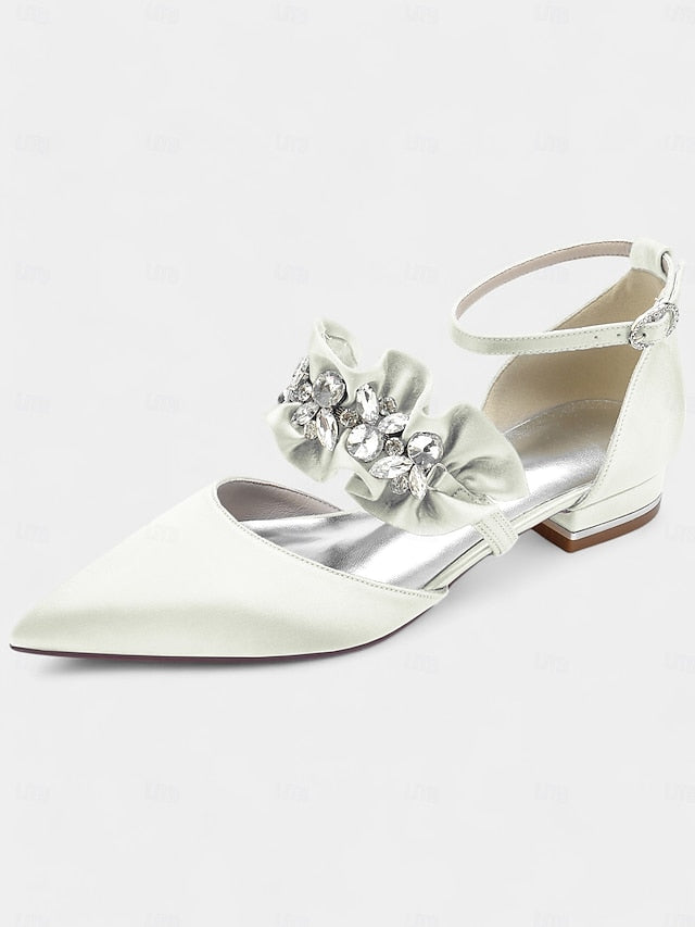 with Pointed-Toe Satin Women's Rhinestone Black Flats