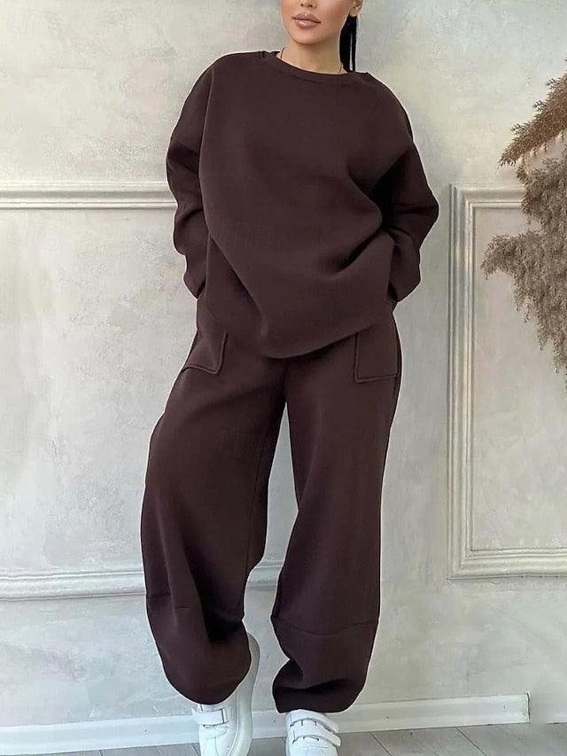 Women's Blouse Pants Sets Long Sleeve Crew Neck Solid Color