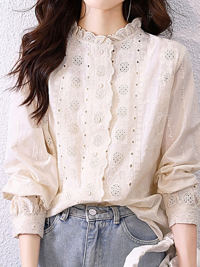 Women's Shirt Blouse Lace Tops Lace Buttons Plain Stylish