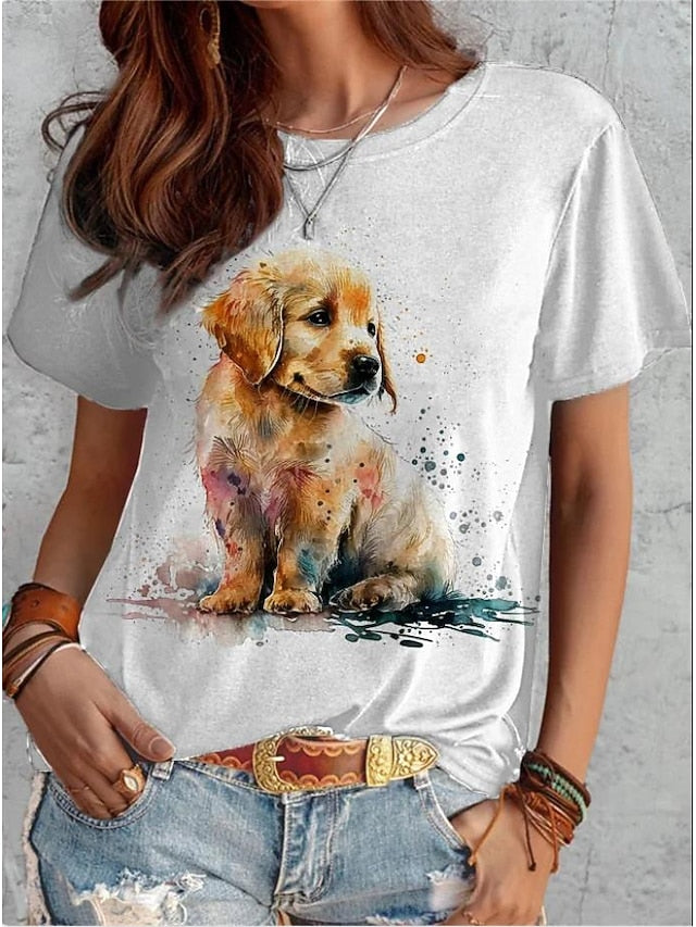 Women's T Shirt Fashion Funny Dog Print Short Sleeve